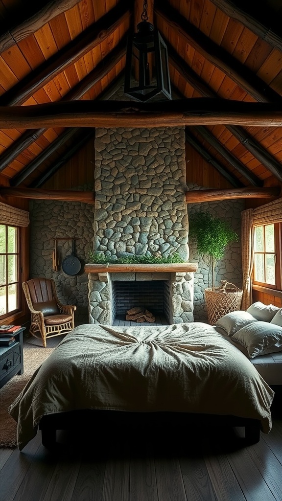 Cozy rustic bedroom with stone fireplace and wooden beams