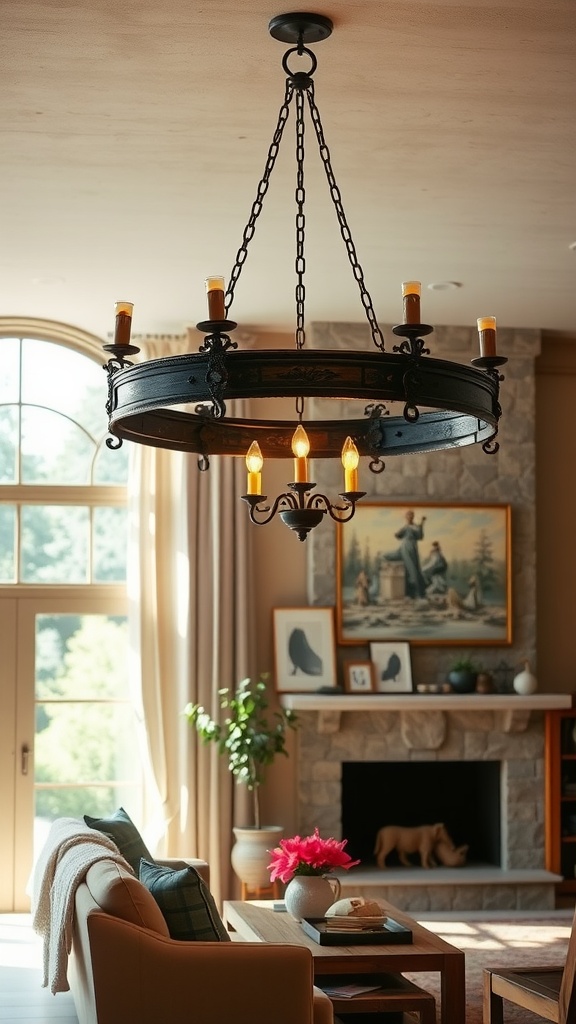 A rustic chandelier hanging in a cozy living room with large windows, a stone fireplace, and a warm ambiance.