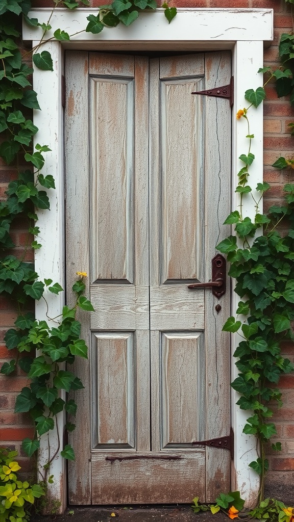 An old wooden door surrounded by green vines and a brick wall.