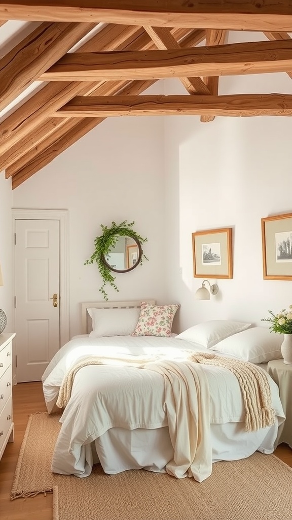 A cozy French cottage bedroom featuring exposed wooden beams, soft bedding, and natural decor.