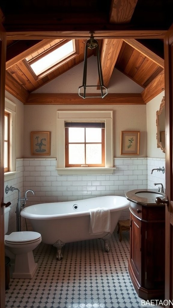 A rustic bathroom featuring wooden beams, a freestanding bathtub, and vintage decor.