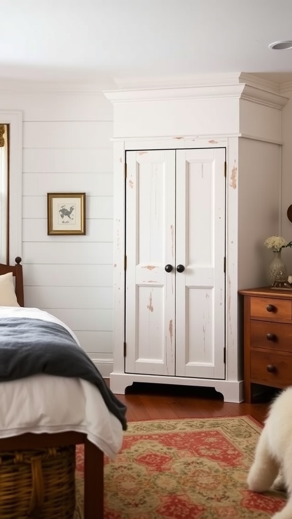 A rustic farmhouse wardrobe with a weathered white finish, standing in a cozy bedroom.