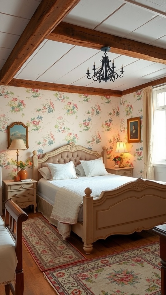 A rustic French country style bedroom featuring floral wallpaper, wooden beams, and elegant decor.