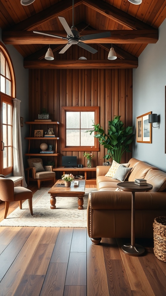 A cozy rustic living room with leather couch, wooden ceiling, and natural accents.