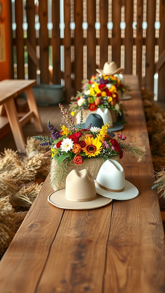 A rustic display featuring floral arrangements on hay bales, complemented by cowboy hats on a wooden table.