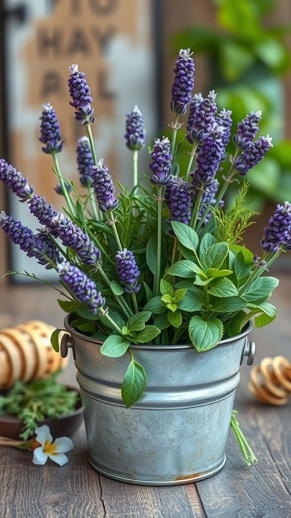 A rustic arrangement of lavender and herbs in a metal bucket on a wooden table.