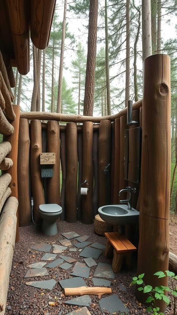 A rustic outdoor bathroom with wooden logs, a toilet, and a sink surrounded by trees.