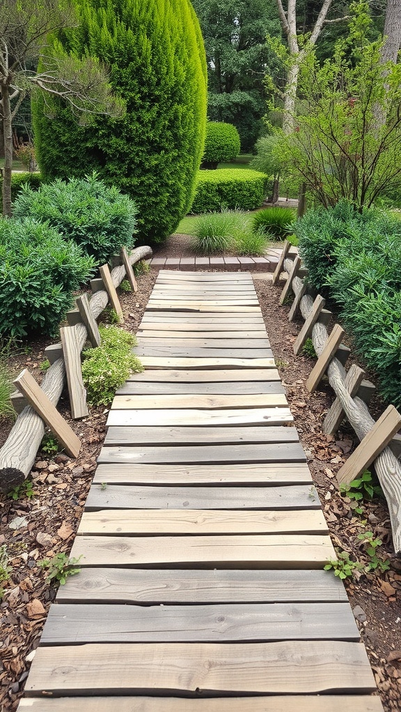 A rustic wooden pathway surrounded by lush green bushes and trees in a garden setting.