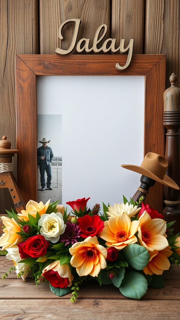 Rustic photo frame display with flowers and cowboy hat