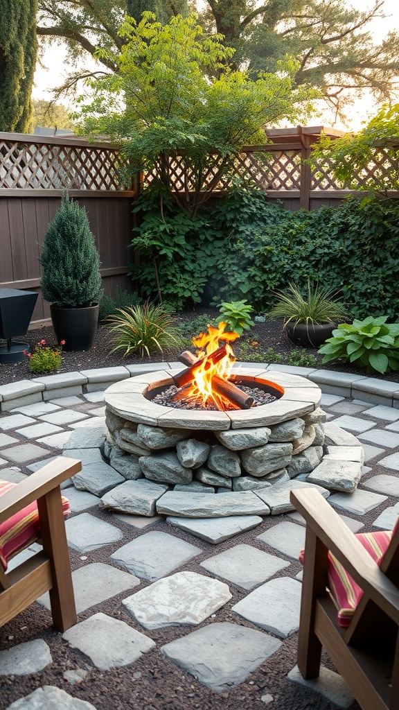 A rustic stone fire pit surrounded by pavers and greenery, with wooden chairs nearby.