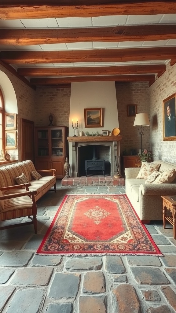 A cozy living room with rustic stone floors and traditional furnishings.