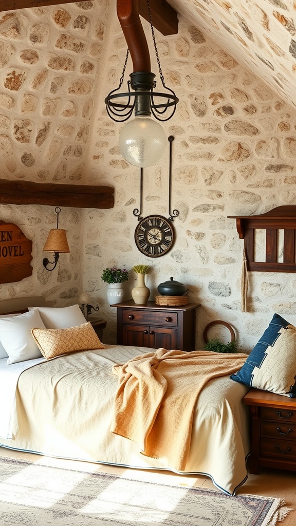 Cozy French cottage bedroom with rustic stone walls and warm textiles