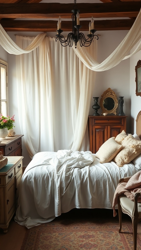 A cozy French-style bedroom with rustic wooden beams, a white bed with plush pillows, a vintage dresser, and soft flowing drapes.