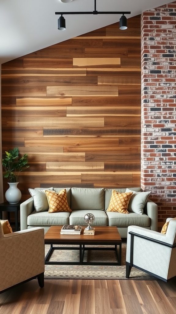 Living room featuring rustic wooden wall treatments and exposed brick