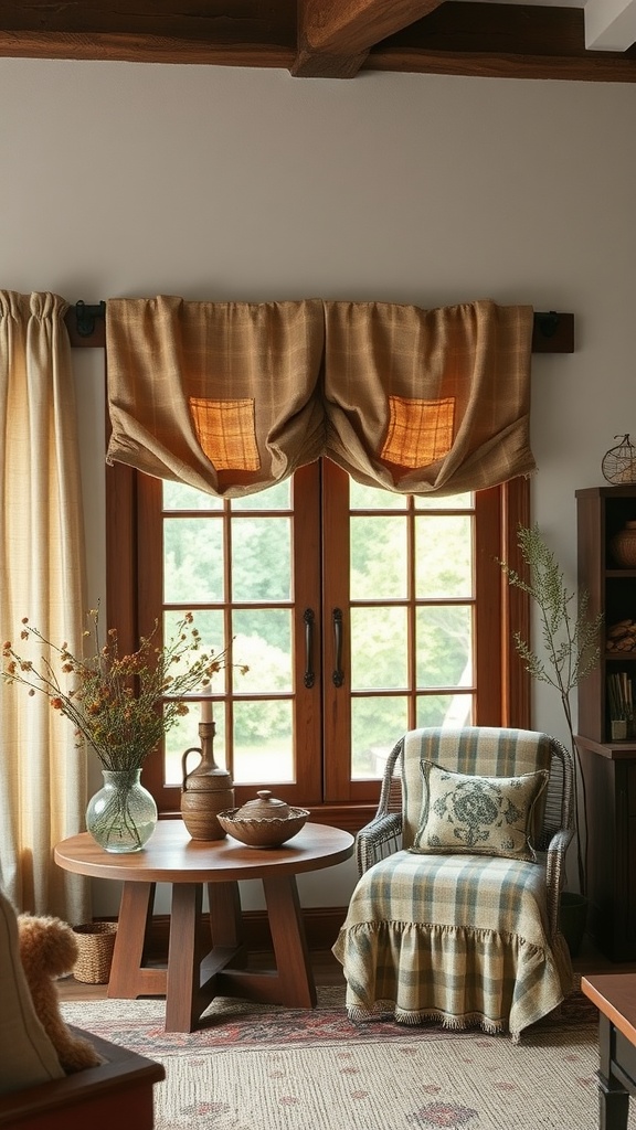 A rustic living room with warm window treatments, a round wooden table, and cozy seating.