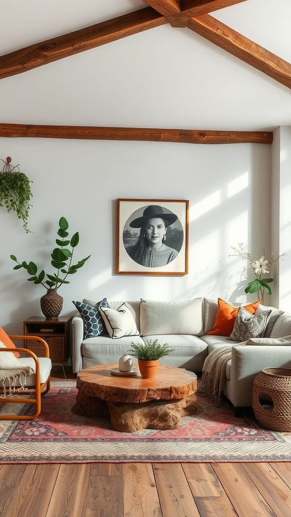 A cozy boho living room with rustic wood accents, featuring a wood coffee table, ceiling beams, and green plants.