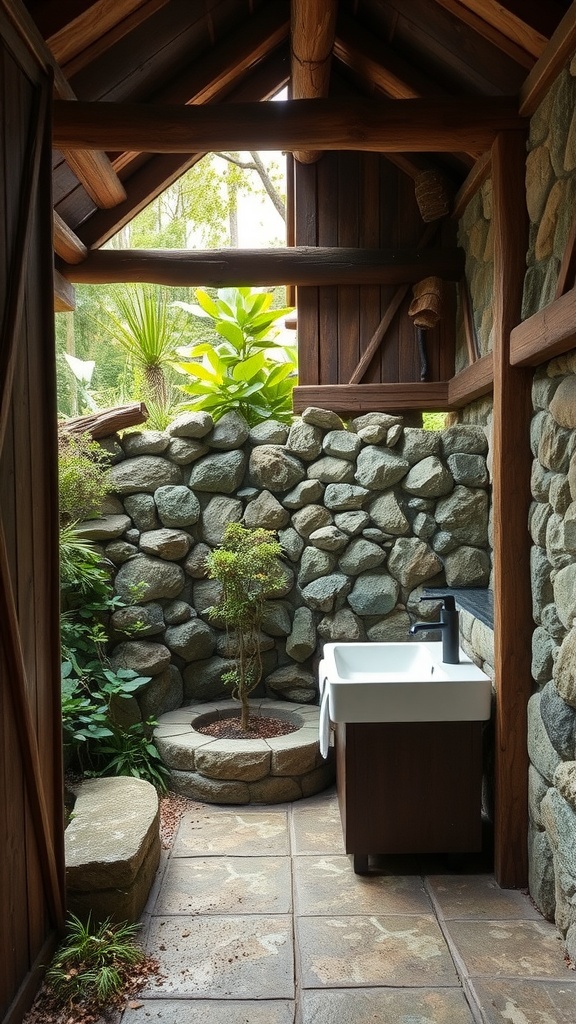 An outdoor bathroom with stone walls, wooden beams, and a simple sink surrounded by greenery.