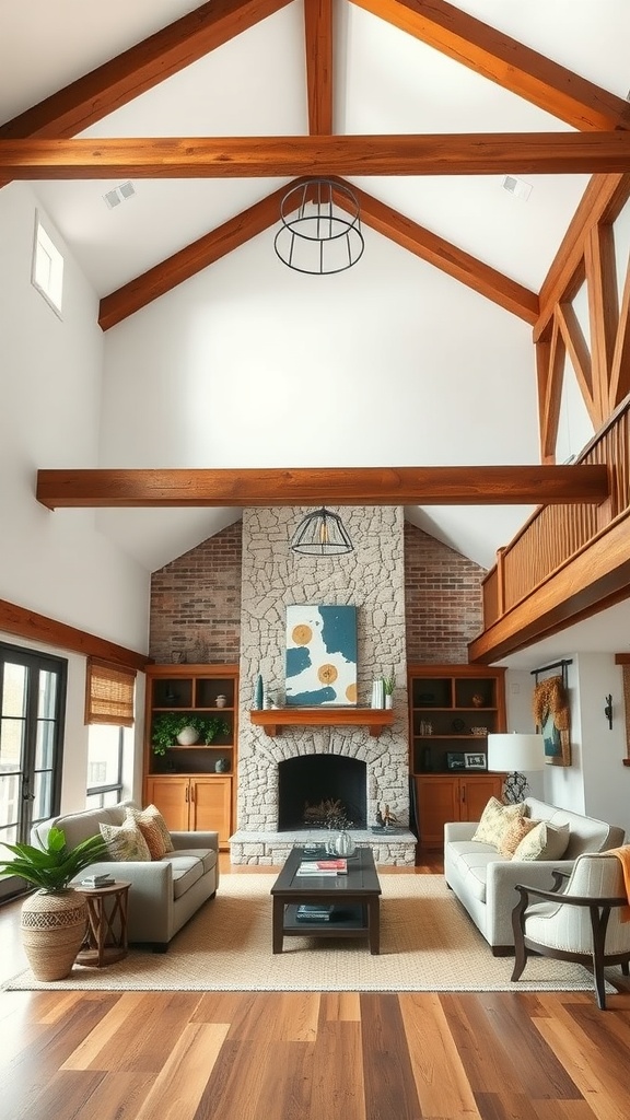 A spacious ranch-style living room featuring rustic wood beams and a stone fireplace.