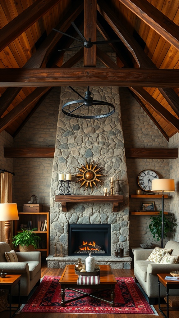 A rustic living room featuring wood beams and stone walls, with a cozy fireplace and comfortable seating.