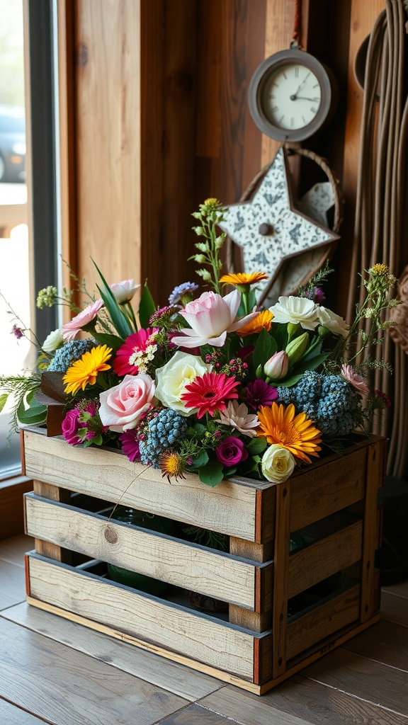 A rustic wood crate filled with colorful flowers, set against a wooden backdrop.