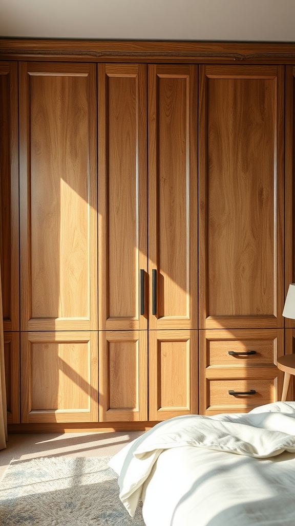 Interior view of a rustic wood panel wardrobe with drawers