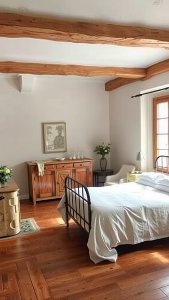 A cozy French cottage bedroom featuring rustic wooden floors, a black metal bed, and warm wooden furniture.