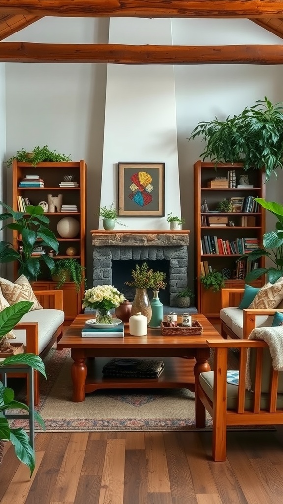 Cozy living room featuring rustic wooden furniture, a stone fireplace, and plants.