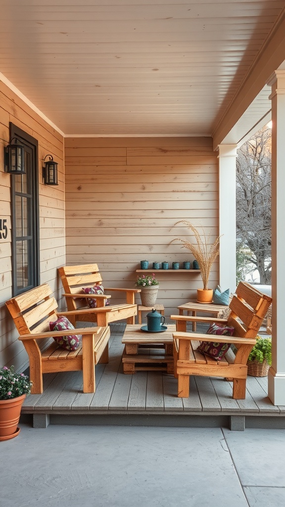 A rustic front porch featuring wooden pallet furniture, colorful pillows, and potted plants.