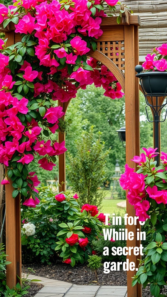 A rustic wooden trellis covered in vibrant bougainvillea flowers.