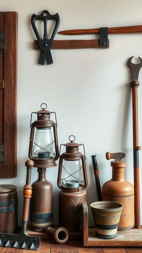 A collection of vintage rusty metal accents including lanterns, tools, and pottery arranged on a wooden surface.