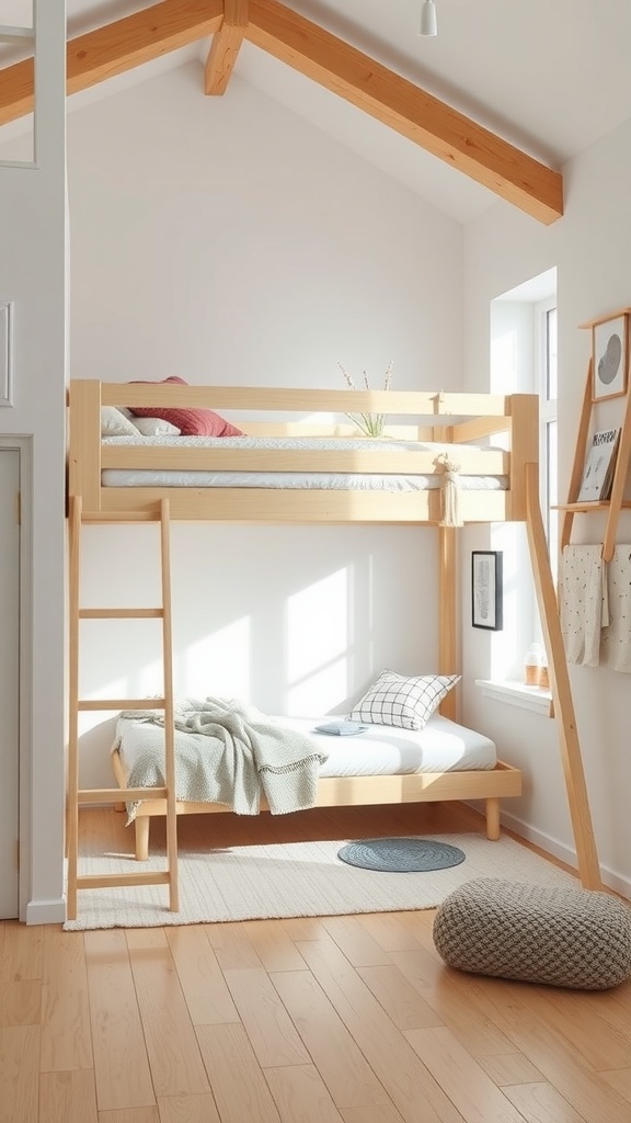 Scandinavian style loft bed with natural wood finish and cozy bedding in a bright room.