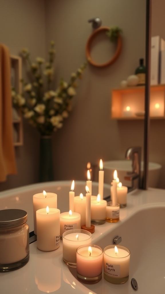 A collection of lit scented candles on the edge of a bathtub in a warm bathroom setting.