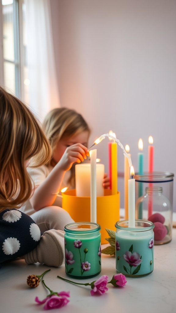 Children making scented DIY candles with colorful wax and flower decorations.