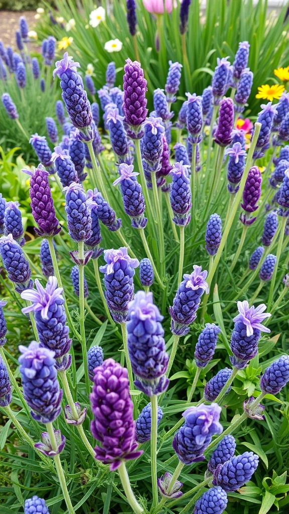 A vibrant flower bed filled with lavender in various shades of purple, surrounded by other colorful flowers.