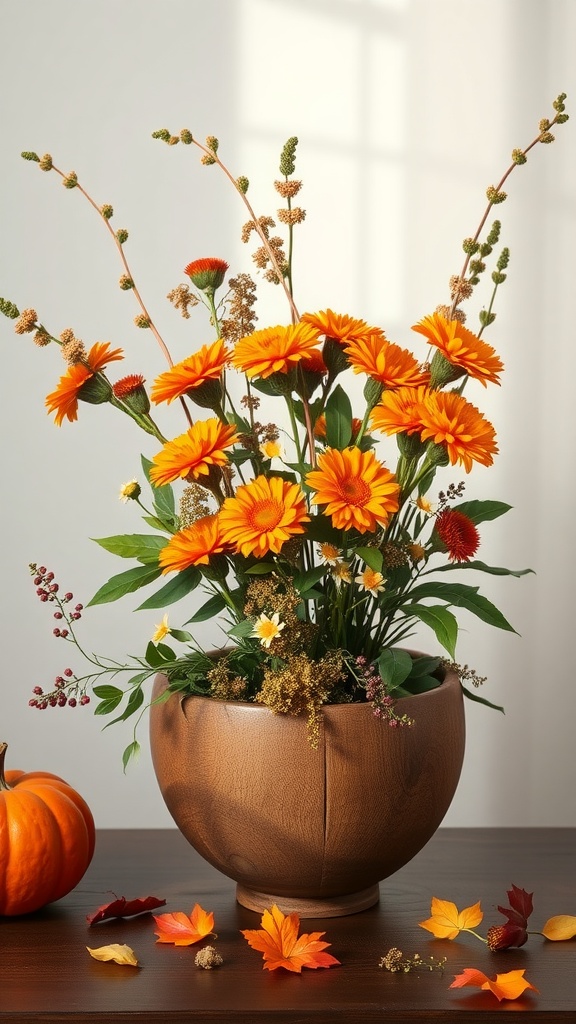 A flower arrangement featuring bright orange blooms and seasonal autumn decorations.