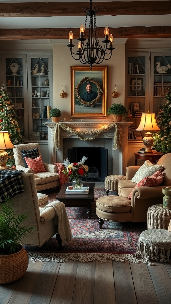 A cozy old English living room decorated for the holidays with a Christmas tree, elegant furniture, and warm lighting.