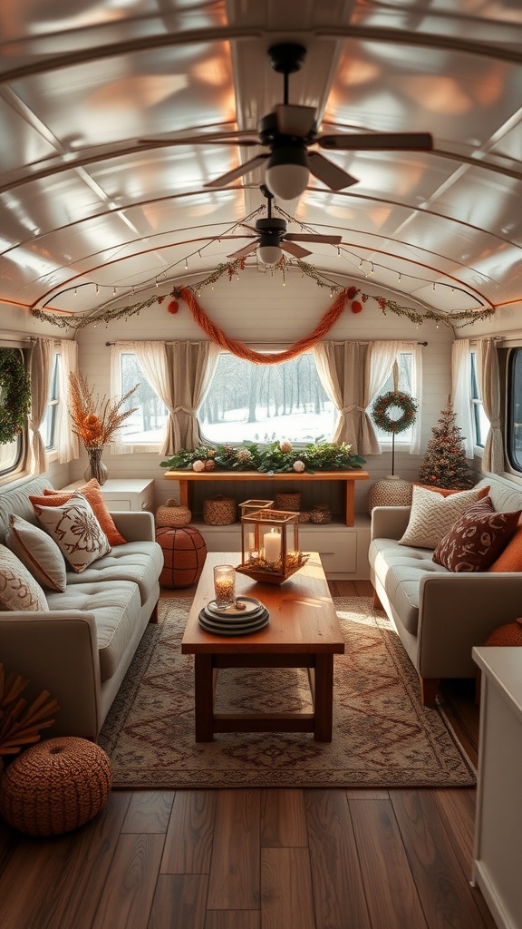 Cozy trailer house living room decorated for winter with warm tones and seasonal decor