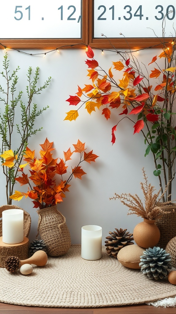 A cozy fall-themed living room corner with colorful leaves, candles, and natural elements.