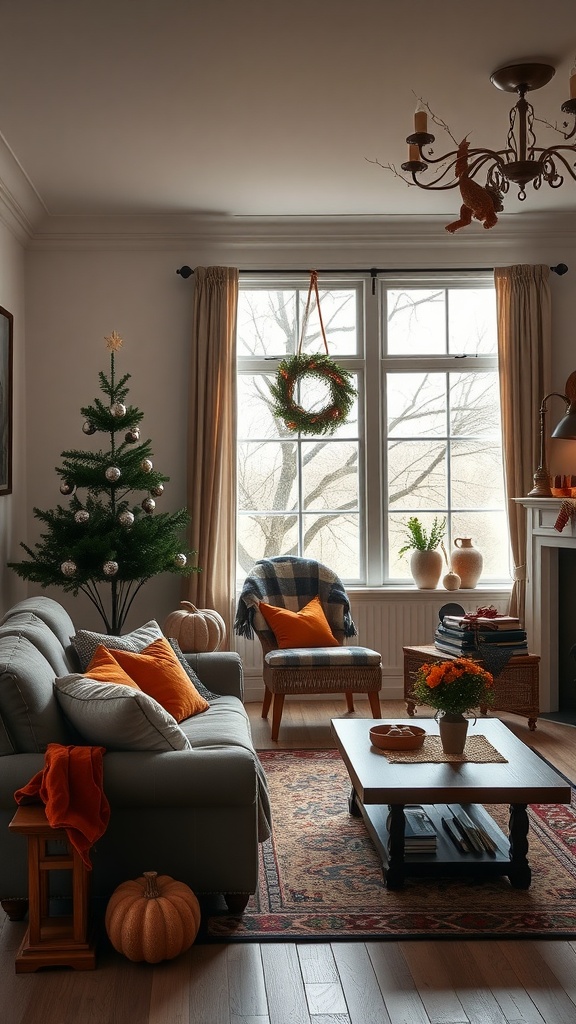 A cozy living room decorated for autumn with a small Christmas tree, orange cushions, a pumpkin, and a wreath.