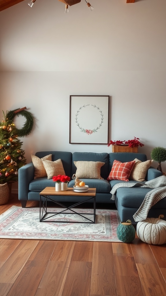 A cozy living room featuring a dark gray couch, seasonal decor including a Christmas tree, wreath, and decorative pillows.