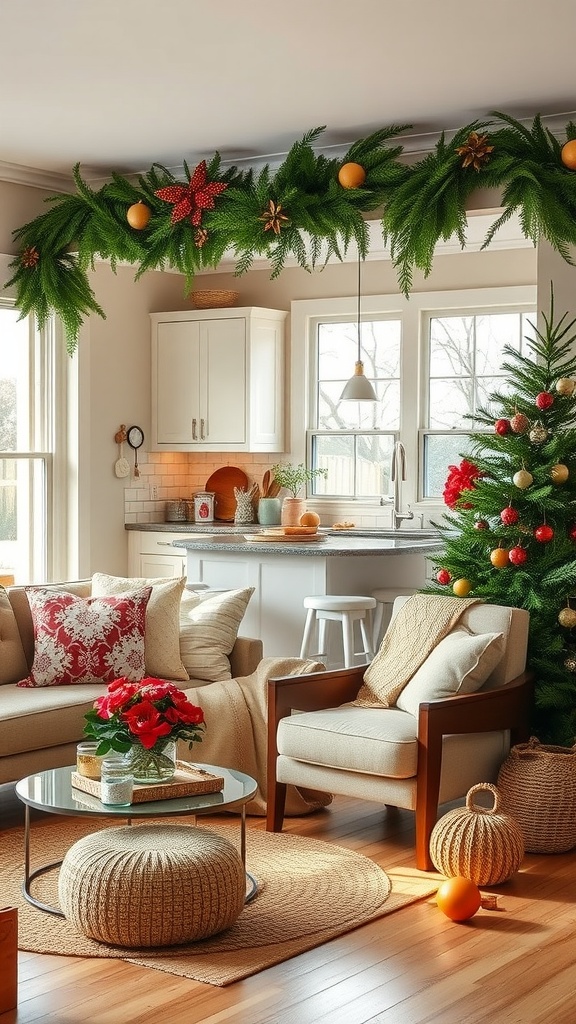 A cozy living room and kitchen decorated for the holiday season, featuring a Christmas tree, festive garland, and warm furnishings.