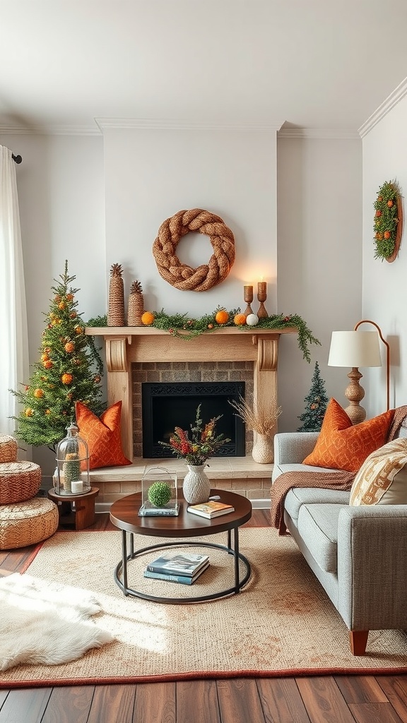 A cozy mobile home living room decorated for the season with a fireplace, wreath, trees, and orange accents.