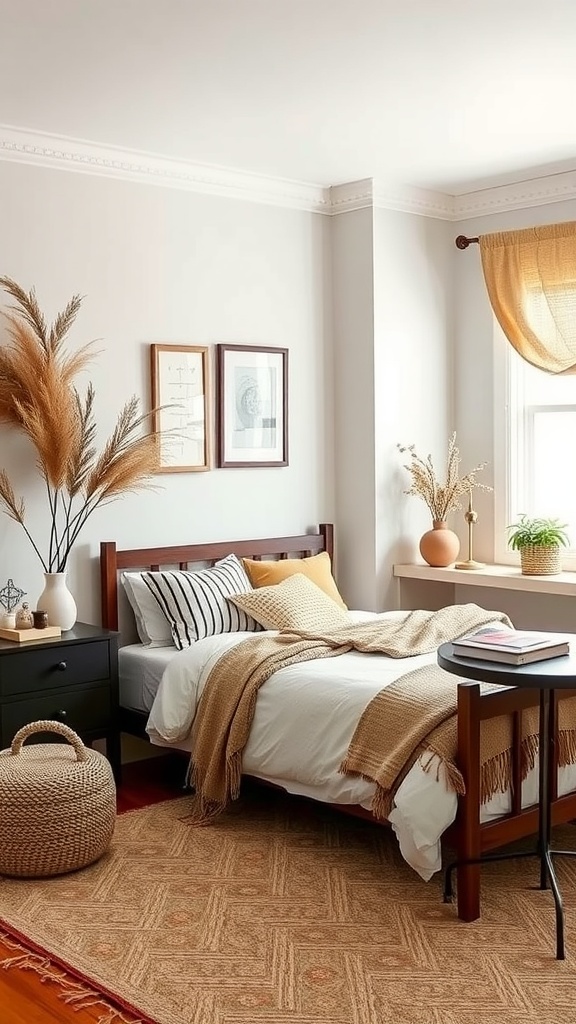 A cozy small shared bedroom with warm-toned decor, featuring a bed with throws, plants, and a rug.