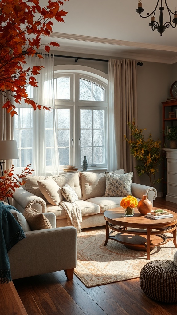 A cozy cottagecore aesthetic living room with autumn decor, featuring a light-filled space with soft furnishings and seasonal touches.