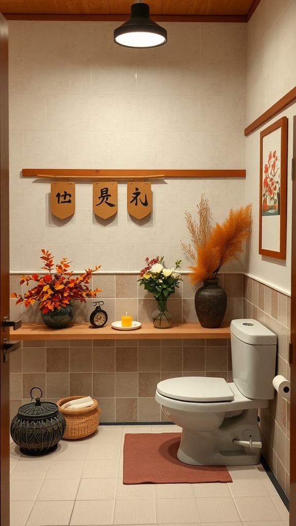 A cozy Japanese bathroom with seasonal decor featuring autumn flowers, a wooden shelf, and a candle.