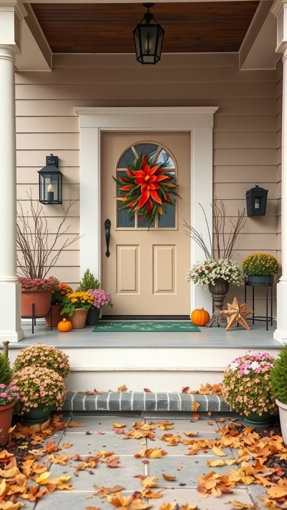 Front porch decorated with seasonal elements including a wreath, flowers, pumpkins, and autumn leaves.