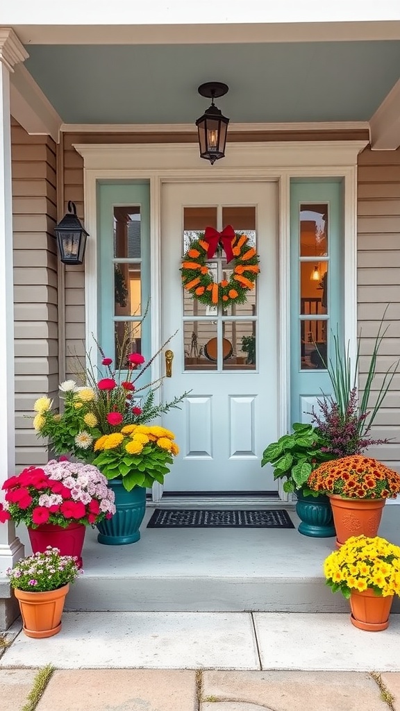 A cozy front porch with vibrant seasonal flower arrangements in pots and a decorative wreath on the door.