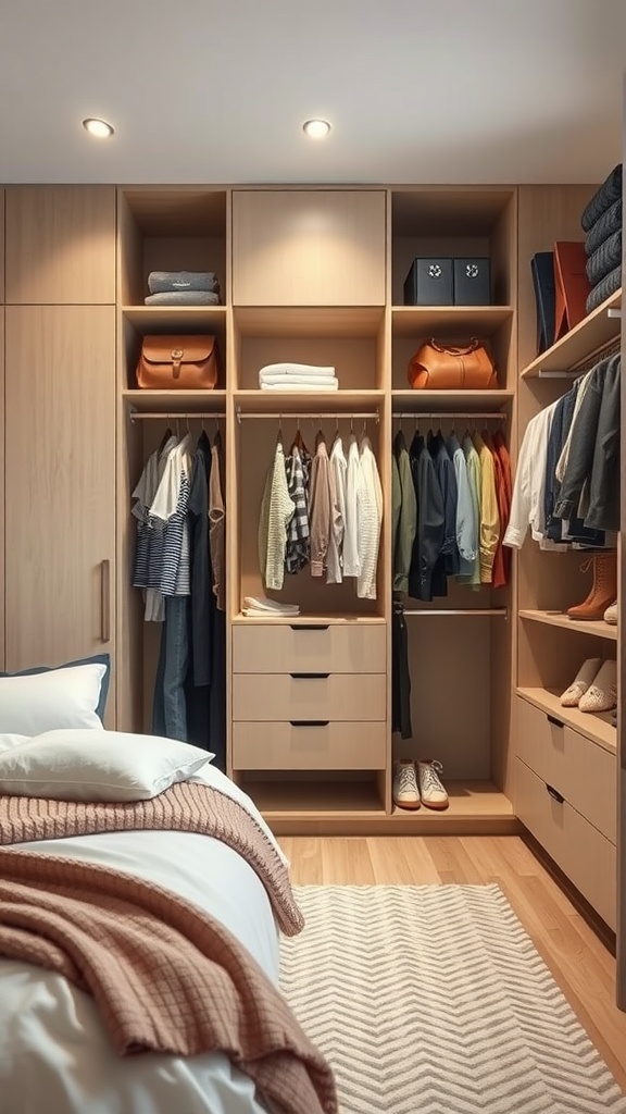 A well-organized seasonal rotation wardrobe with clothes, shoes, and accessories neatly arranged in a built-in closet.