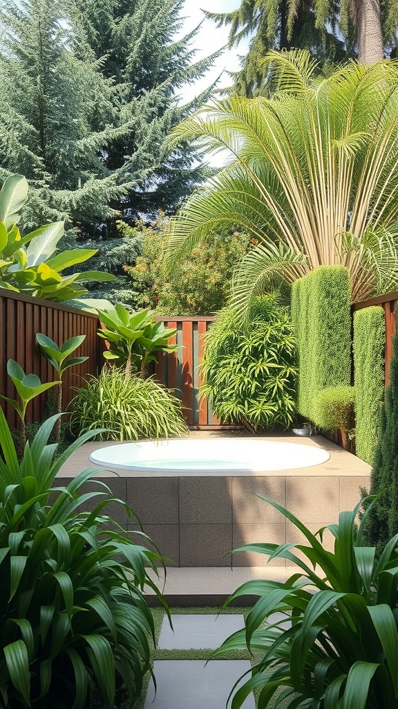 A secluded outdoor bathing area with a round soaking tub surrounded by lush greenery and wooden fencing.