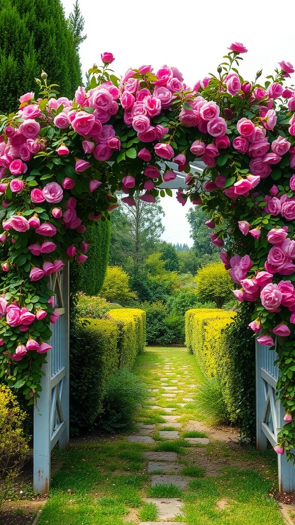 A beautiful arbor covered in pink climbing roses leading into a lush garden path.